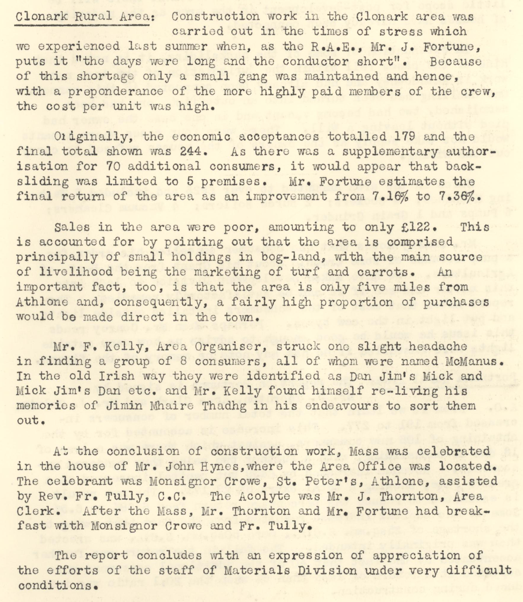 A scanned page from the ESB REO magazine about the Clonark Rural Area.