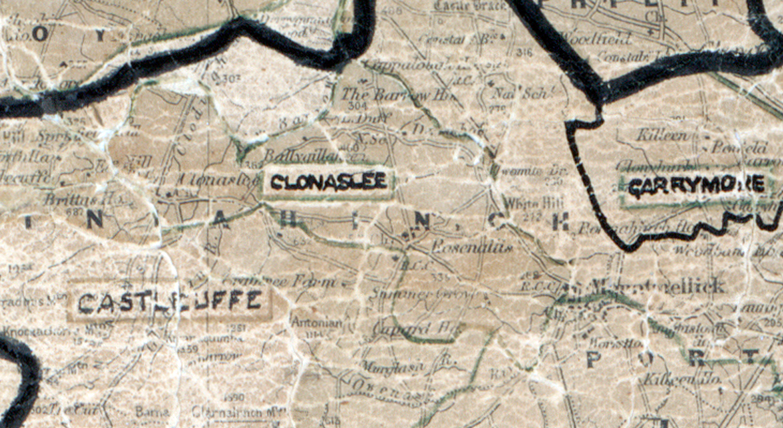 A scanned, worn historical map from the 1940s of the  rural electrification area around  Clonaslee. A hand‑drawn boundary outlines the region, including Garrymore and Castlecuffe.