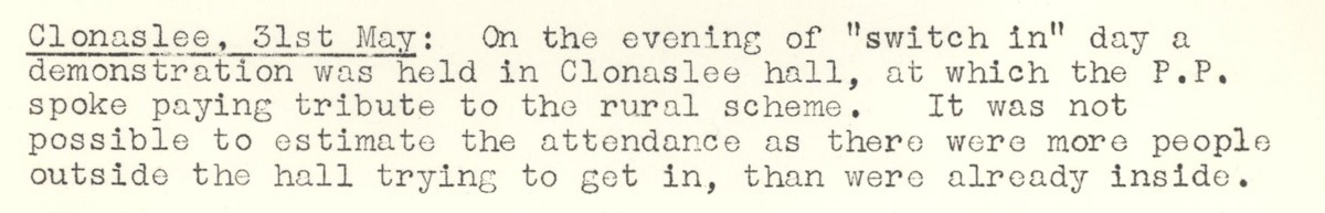 A scanned page from the ESB REO magazine about the Clonaslee Rural Area.
