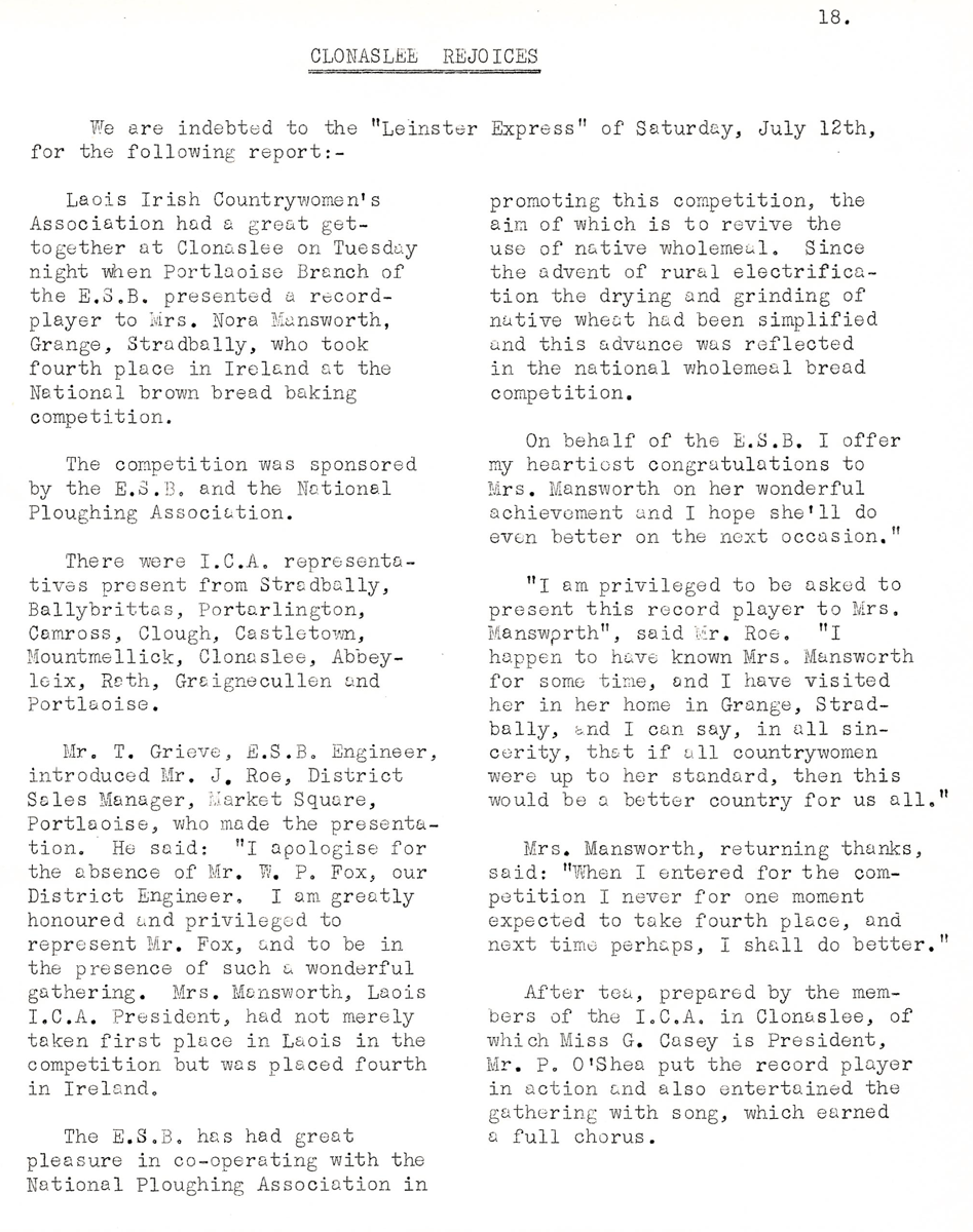 A scanned page from the ESB REO magazine about the Clonaslee Rural Area.