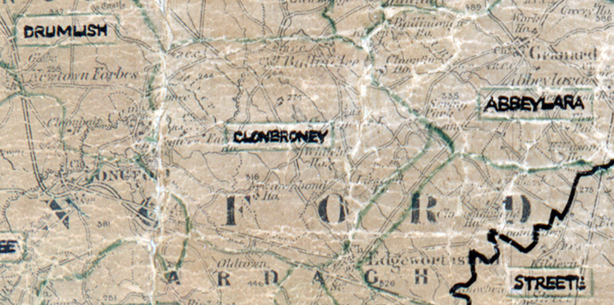 A scanned, worn historical map from the 1940s of the  rural electrification area around Clonbroney. A  hand‑drawn boundary outlines the region.