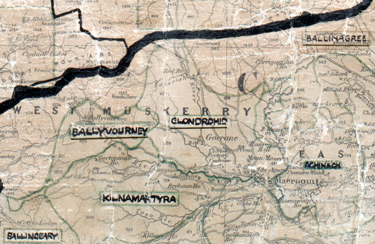 A scanned, worn historical map from the 1940s of the  rural electrification area around Clondrohid. A hand‑drawn boundary outlines the region, including Ballyvourney, Ballingeary, Ballinagree, Kilnamartyra and Aghinagh.