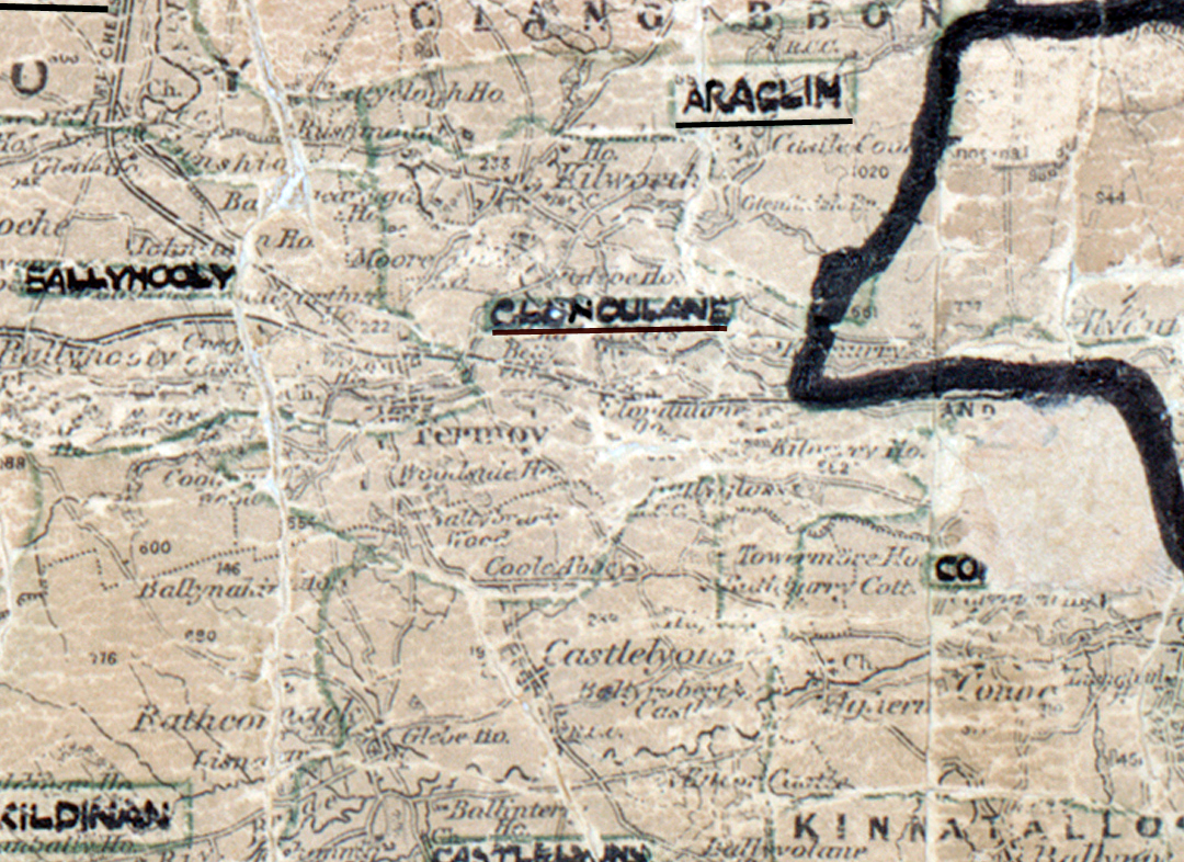 A scanned, worn historical map from the 1940s of the  rural electrification area around  Clondulane. A hand‑drawn boundary outlines the region, including Ballyhooly, Araglin, and Kildinan.