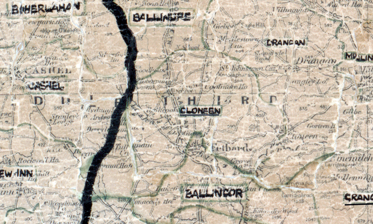 “A scanned, worn historical map from the 1940s of the rural electrification area around Cloneen. A hand‑drawn boundary outlines the region, including Ballinure.