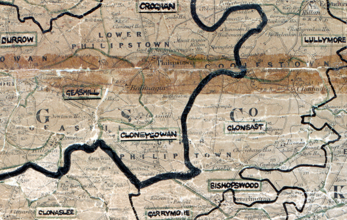 A scanned, worn historical map from the 1940s of the rural electrification area around Cloneygowan. A hand‑drawn boundary outlines the region, including Burrow, Seashill, Philipstown, Lower Philipstown, Clonast, Croghan, and Lullymore.