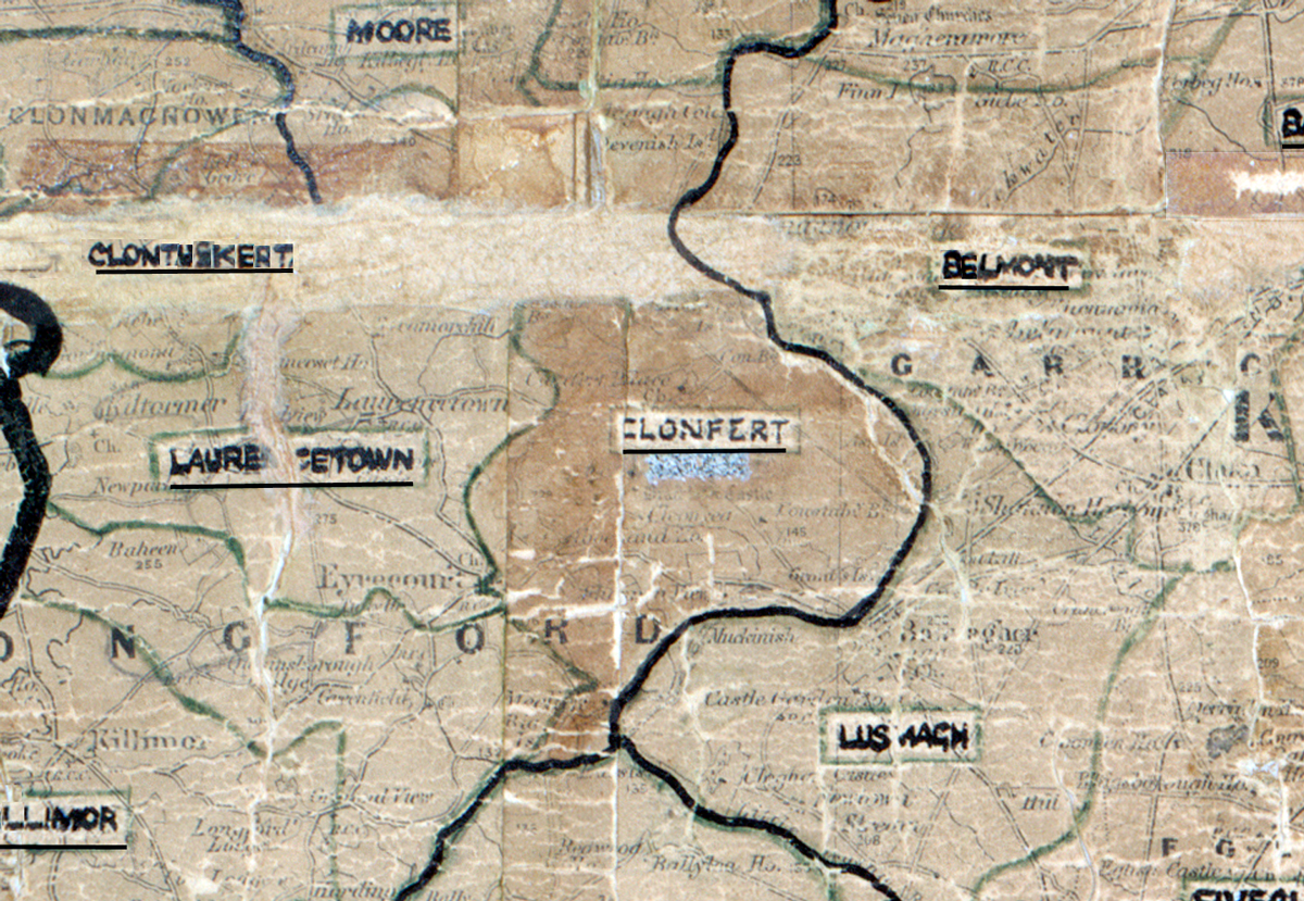 A scanned, worn historical map from the 1940s of the  rural electrification area around Clonfert. A  hand‑drawn boundary outlines the region.