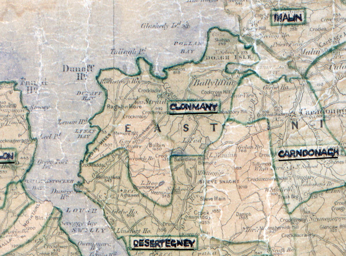 A scanned, worn historical map from the 1940s of the  rural electrification area around Clonmany. A  hand‑drawn boundary outlines the region.