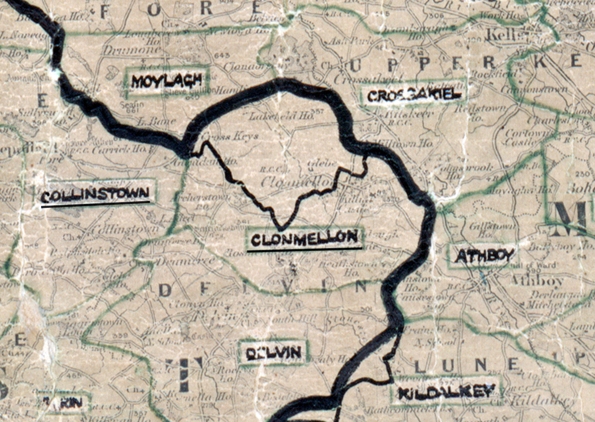 A scanned, worn historical map from the 1940s of the  rural electrification area around Clonmelon. A  hand‑drawn boundary outlines the region.
