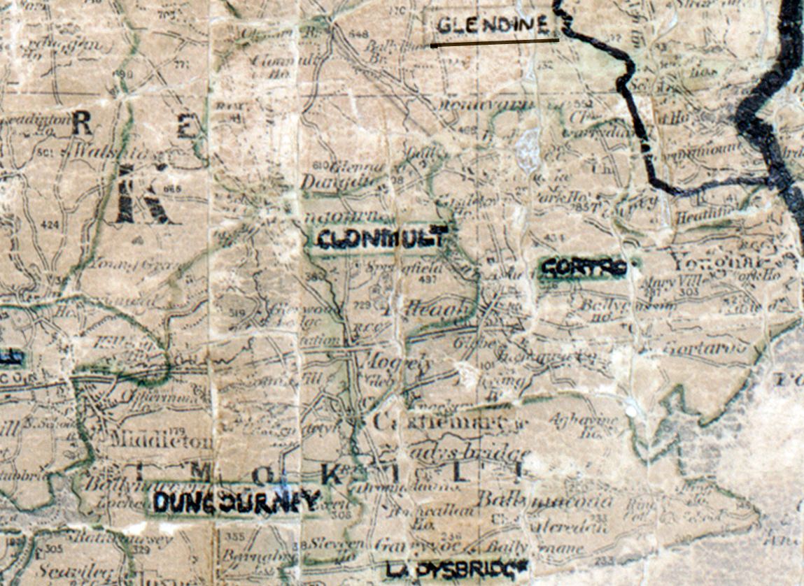 A scanned, worn historical map from the 1940s of the  rural electrification area around Clonmulk. A hand‑drawn boundary outlines the region, including Dungourney, Ladybridge and Glendine.