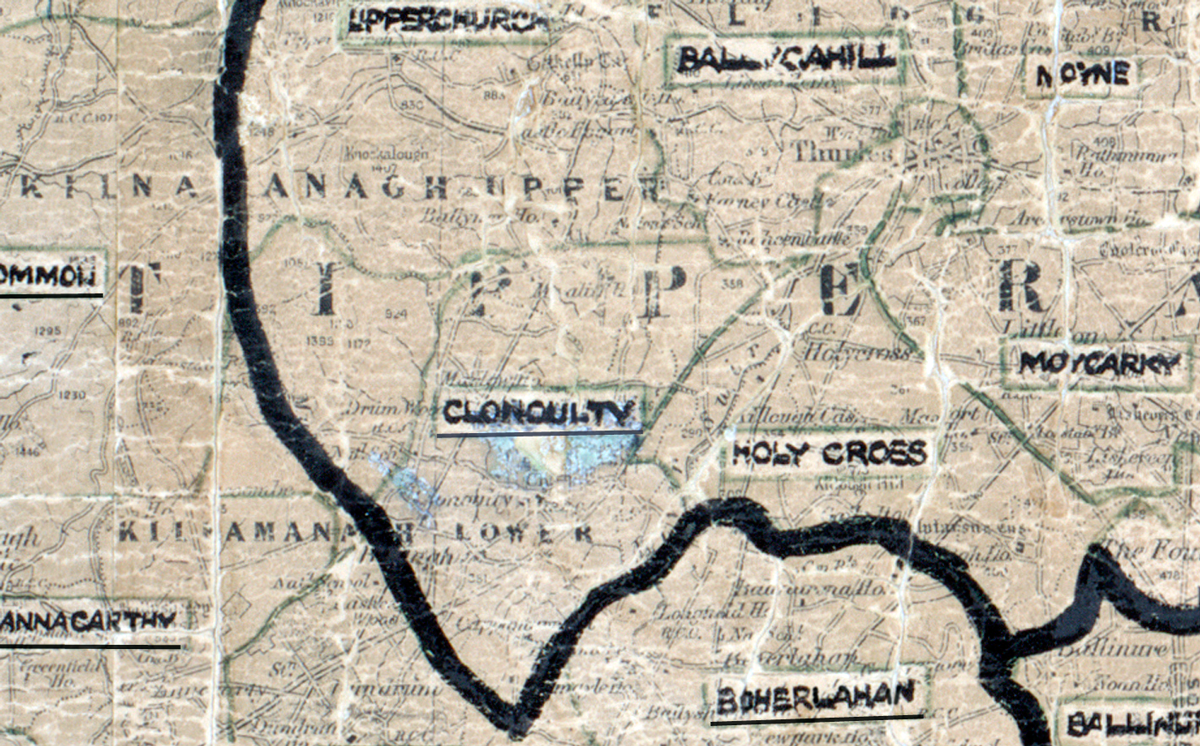 “A scanned, worn historical map from the 1940s of the rural electrification area around Clonculty. A hand‑drawn boundary outlines the region, including Holy Cross.