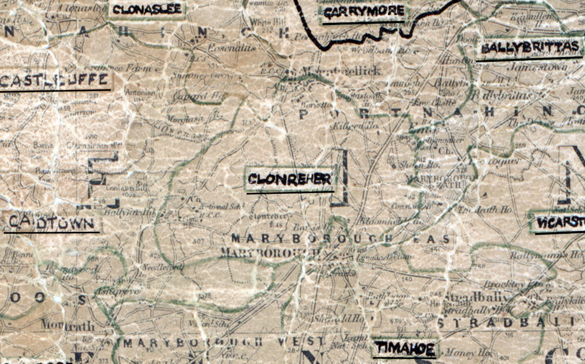 A scanned, worn historical map from the 1940s of the  rural electrification area around Clonreher. A hand‑drawn boundary outlines the region, including Clonaslee, Castlecuffe, Carrymore, Ballinakill, Cardtown and Timahoe.