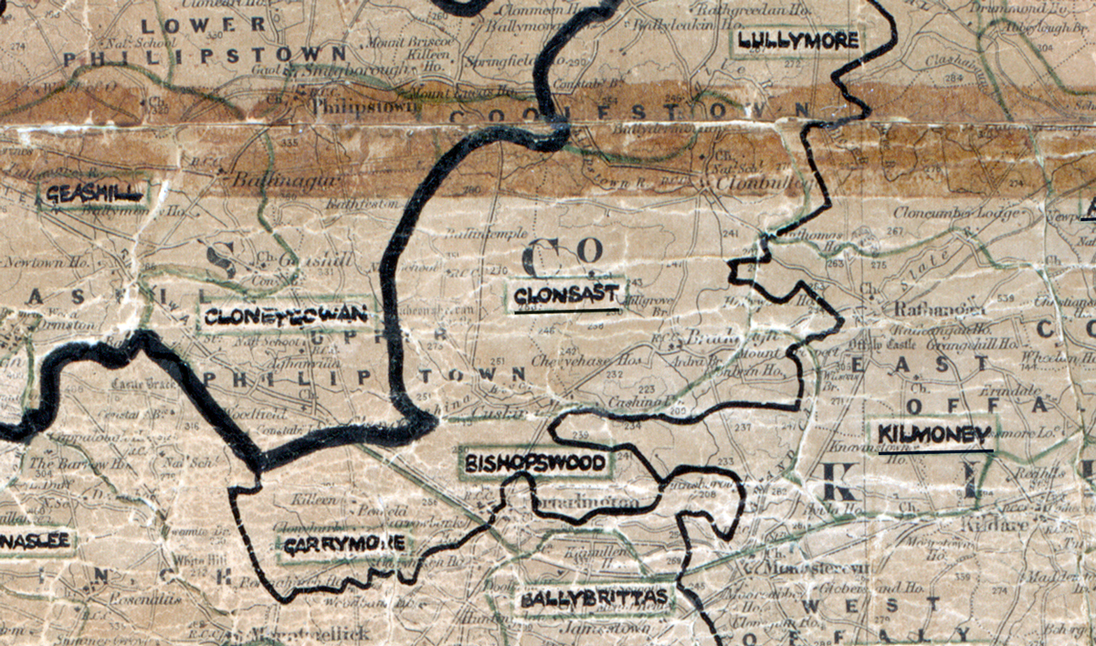 A scanned, worn historical map from the 1940s of the  rural electrification area around  Clonsast. A hand‑drawn boundary outlines the region, including Lullymore, Geashill, Cloneygowan, Bishopswood, Garrymore, Kilmoney and Ballybrittas.