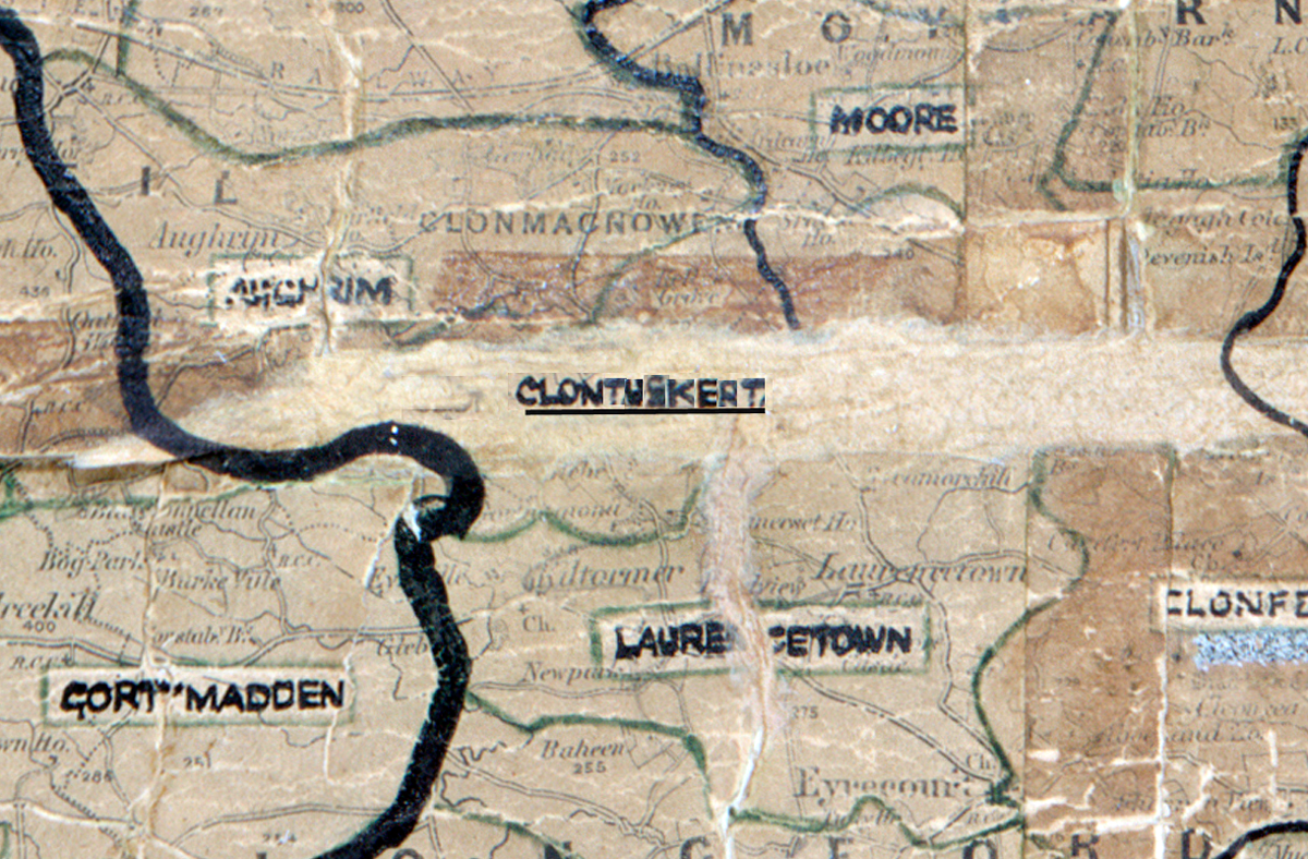 A scanned, worn historical map from the 1940s of the  rural electrification area around clontuskert. A  hand‑drawn boundary outlines the region.
