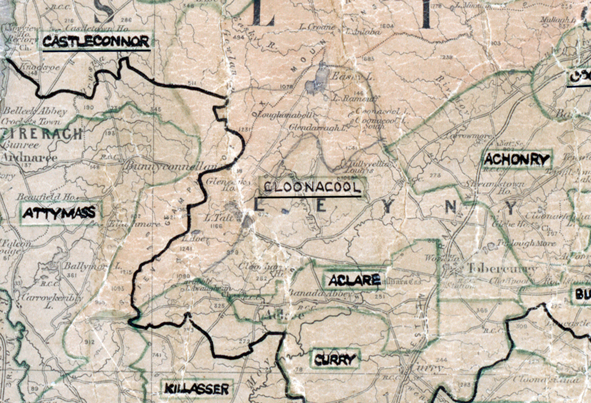 A scanned, worn historical map from the 1940s of the  rural electrification area around Cloonacool. A hand‑drawn boundary outlines the region, including Castleconnor, Attymas, Achonry, Aclare, Killasser and Curry.