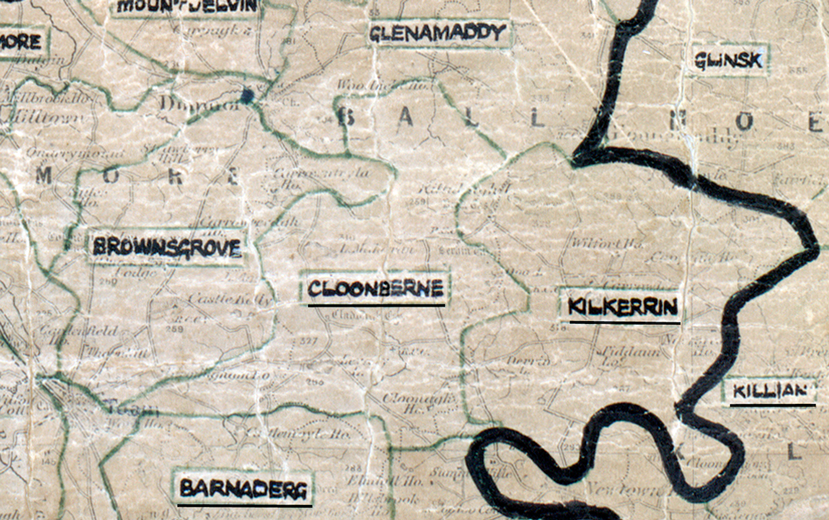 A scanned, worn historical map from the 1940s of the  rural electrification area around Cloonberne.
