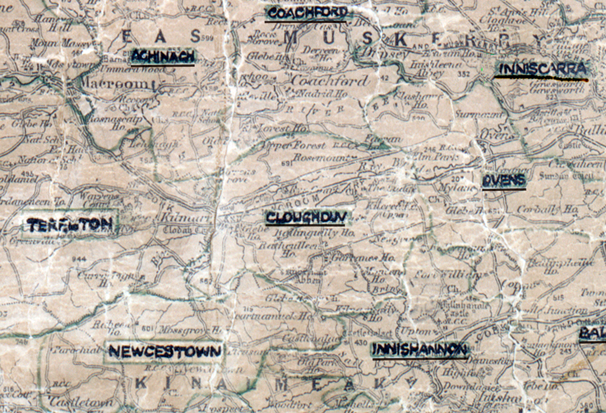 A scanned, worn historical map from the 1940s of the  rural electrification area around  Cloughduv. A hand‑drawn boundary outlines the region, including Aghinagh, Terelton, Coachford, Inniscarra, Ovens, Newcestown and Innishannon.