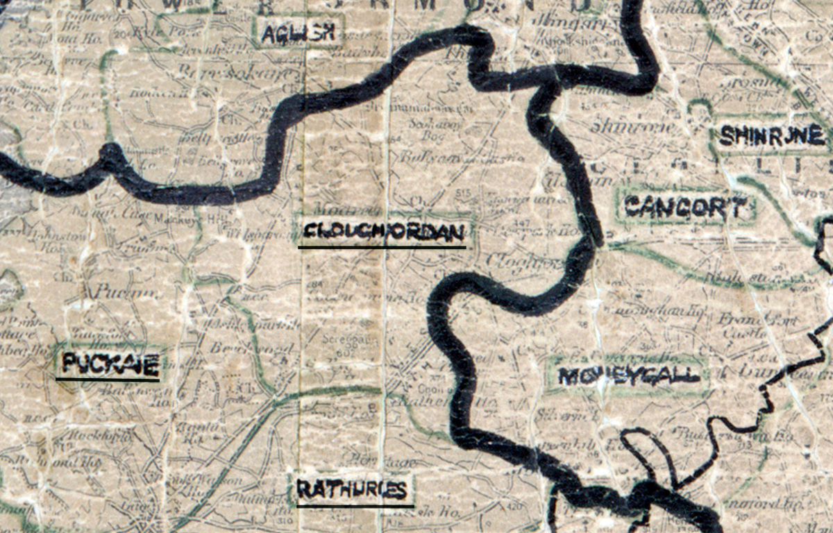 “A scanned, worn historical map from the 1940s of the rural electrification area around Cloughjordan. A hand‑drawn boundary outlines the region, including Rathures and Moneycall.