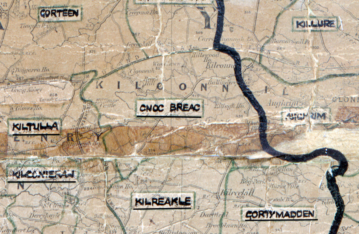 A scanned, worn historical map from the 1940s of the  rural electrification area around Cnoc Breac.