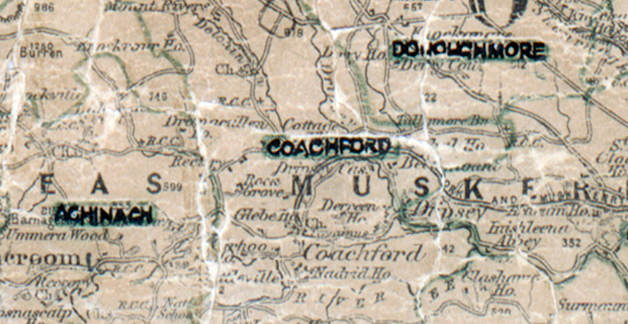 A scanned, worn historical map from the 1940s of the  rural electrification area around  Coachford. A hand‑drawn boundary outlines the region, including Donoughmore and Aghinagh.
