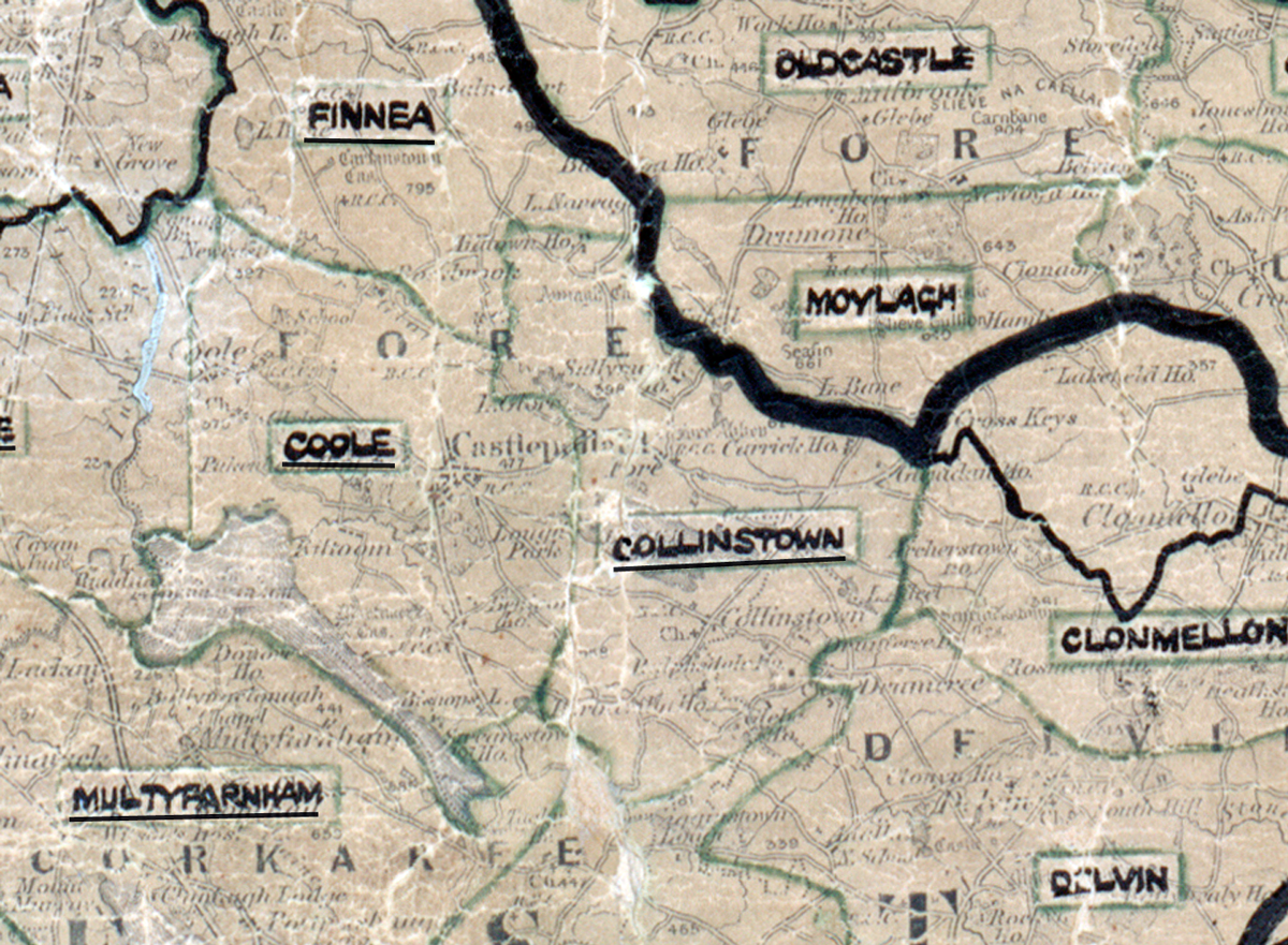 A scanned, worn historical map from the 1940s of the  rural electrification area around Collinstown.