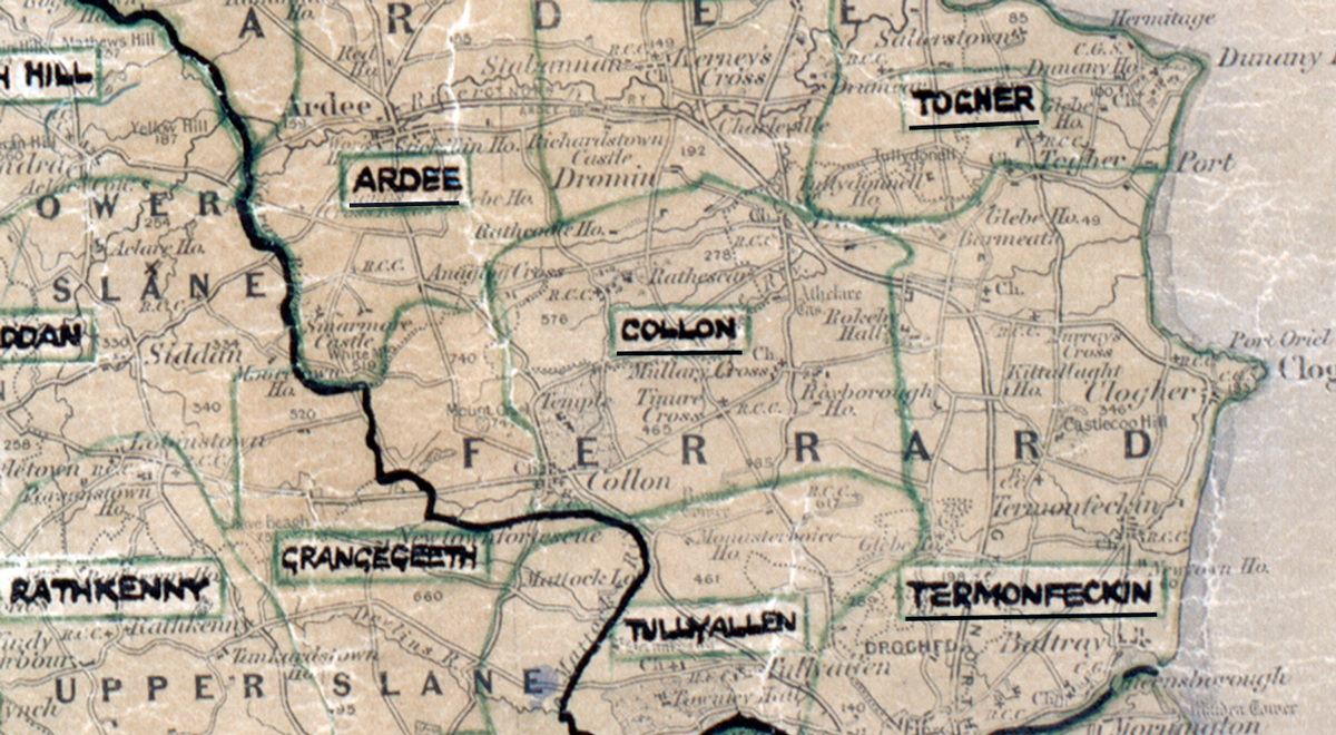 A scanned, worn historical map from the 1940s of the  rural electrification area around Collon.