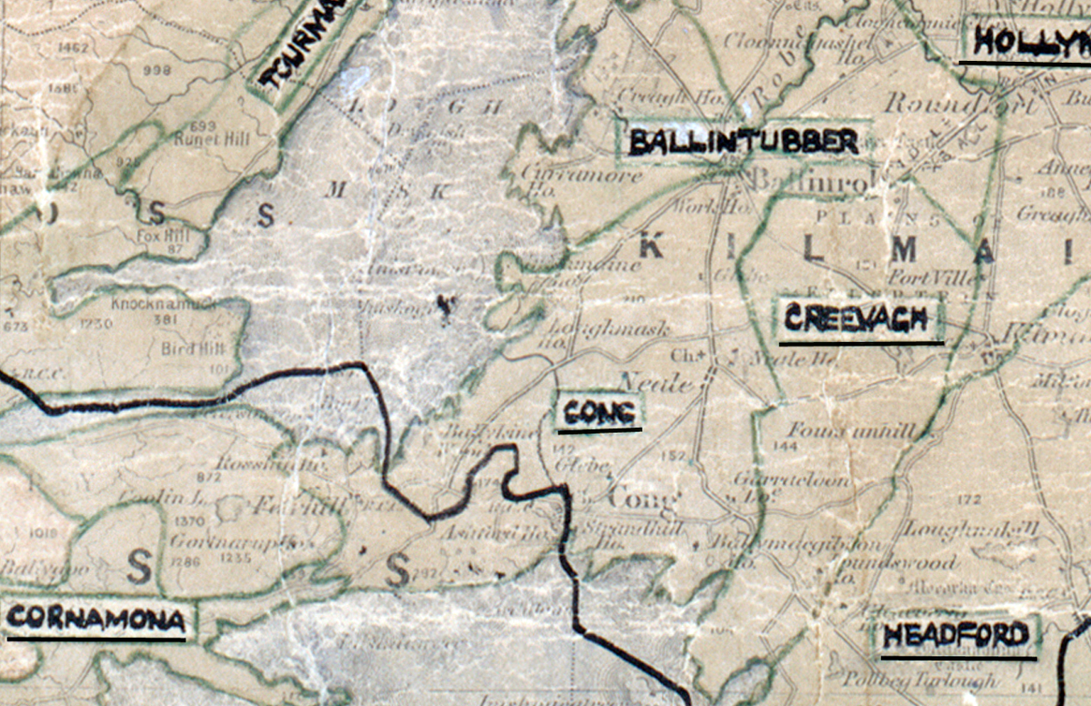 “A scanned, worn historical map from the 1940s of the rural electrification area around Cong. A hand‑drawn boundary outlines the region, including Ballintubber and Meadford.