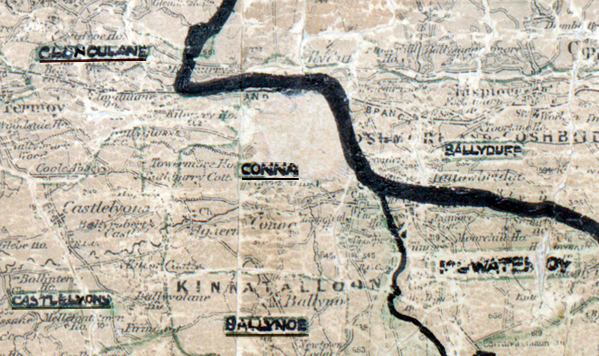 A scanned, worn historical map from the 1940s of the  	rural electrification area around  Conna. A hand‑drawn boundary outlines the region, including Clondulane, Ballyduff, Castlelyons and Ballyhoe.