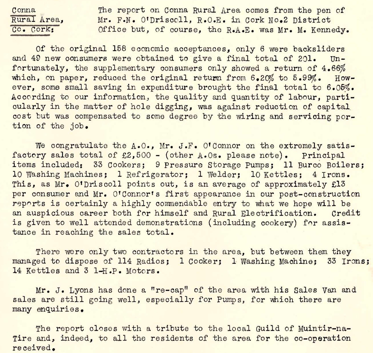 A scanned page from the ESB REO magazine about the Conna Rural Area.