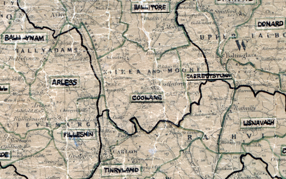 A scanned, worn historical map from the 1940s of the  rural electrification area around Coolane. A hand‑drawn boundary outlines the region, including Ballitore, Ballylynan, Arless, Donard, Garresttstown, Killeshin and Lisnavagh.