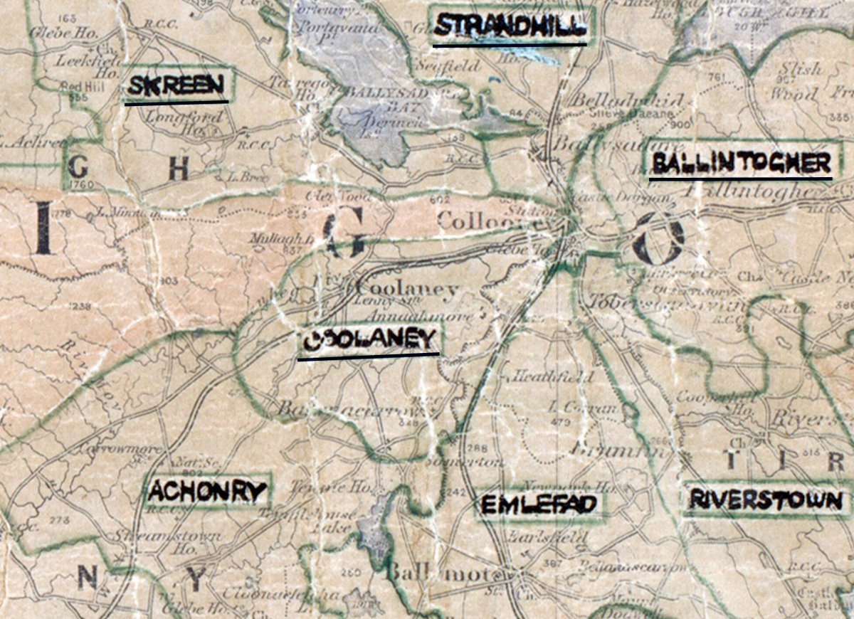 A scanned, worn historical map from the 1940s of the  rural electrification area around  Coolaney. A hand‑drawn boundary outlines the region, including Skreen, Strandhill, Ballintogher, Achonry, Emlefad and Riverstown.