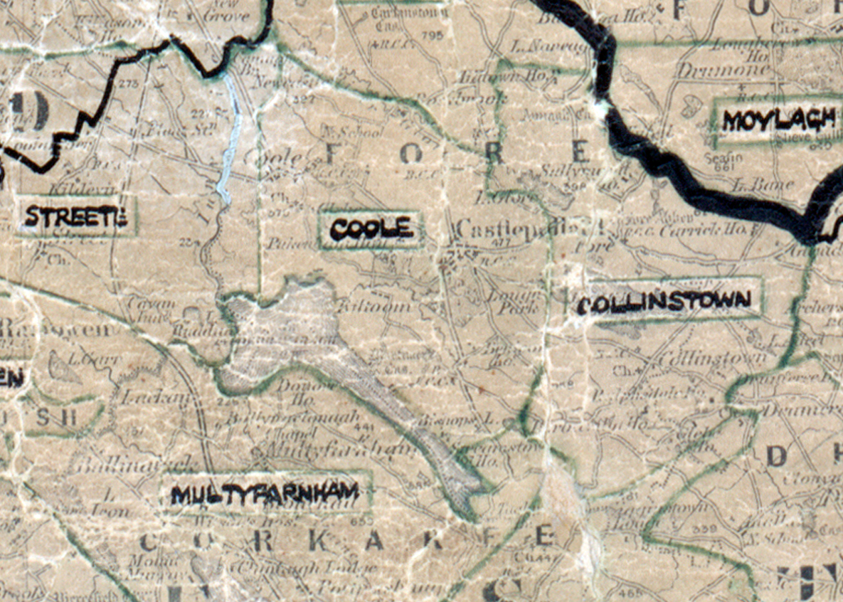 A scanned, worn historical map from the 1940s of the  rural electrification area around Coole. A  hand‑drawn boundary outlines the region.