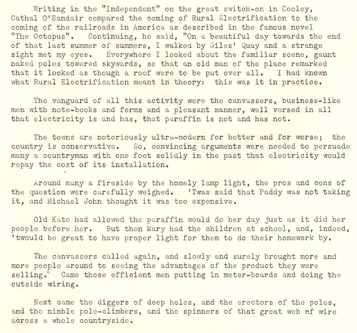 Typed article describing public reactions to rural electrification in Cooley, the work of canvassers and engineers, and the gradual adoption of electricity in rural communities.