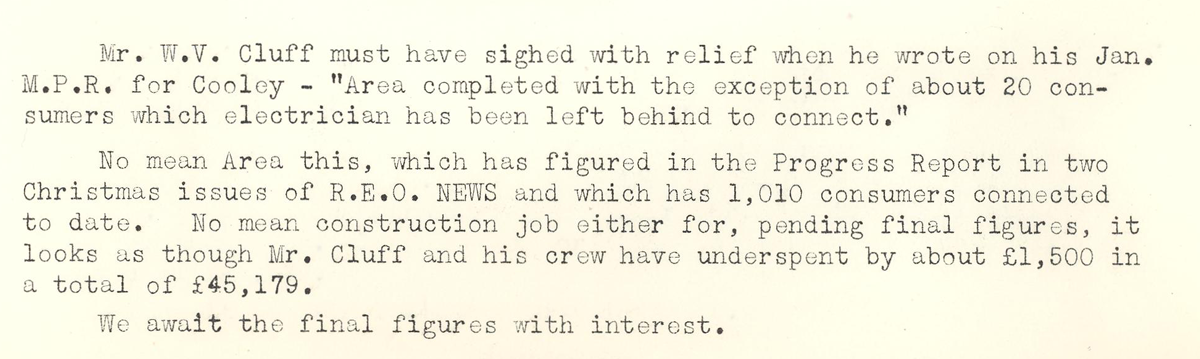 Typed report summarising the completion of the Cooley rural electrification area, including the number of connected consumers and the final construction costs.
