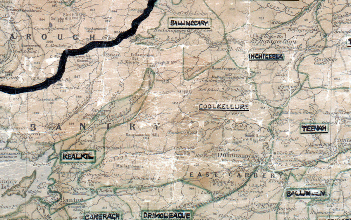 A scanned, worn historical map from the 1940s of the  rural electrification area around Coolkellure. A hand‑drawn boundary outlines the region, including Ballingeary, Kealkil, Caheragh, Drimoleague, Ballineen, Teenagh and Inchigeela.
