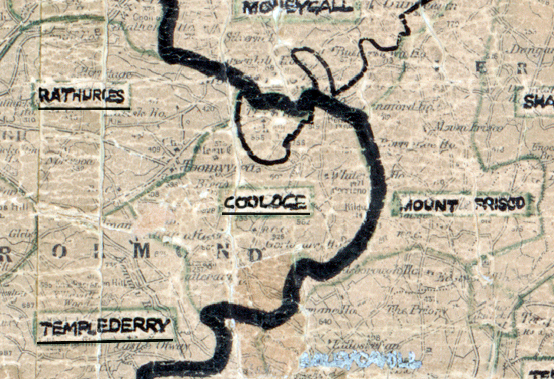 “A scanned, worn historical map from the 1940s of the rural electrification area around Coolage. A hand‑drawn boundary outlines the region, including Templederry.