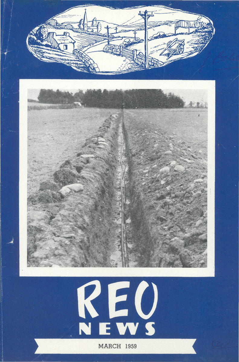 Cover of the March 1959 REO News magazine showing a drawing of a rural landscape with houses and power lines, and a black‑and‑white photo of a long trench in a field with cables laid at the bottom..