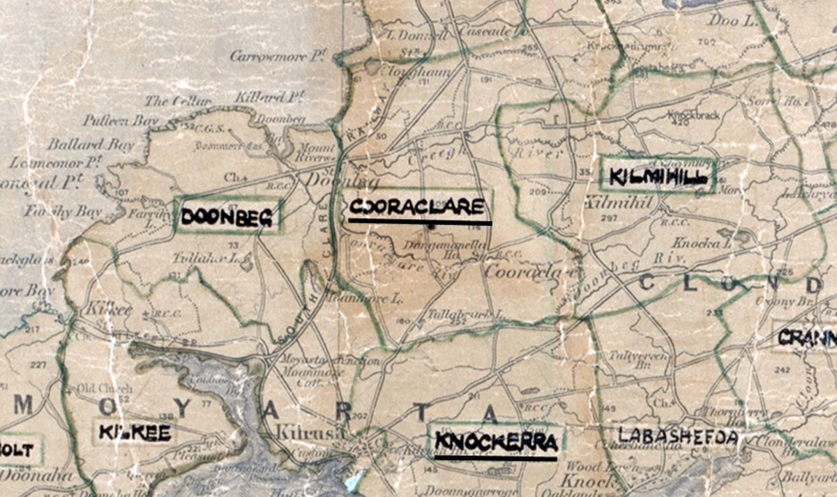 A scanned, worn historical map from the 1940s of the rural electrification area around Cooraclare. A hand‑drawn boundary outlines the region, including Doonbeg and knockerra.