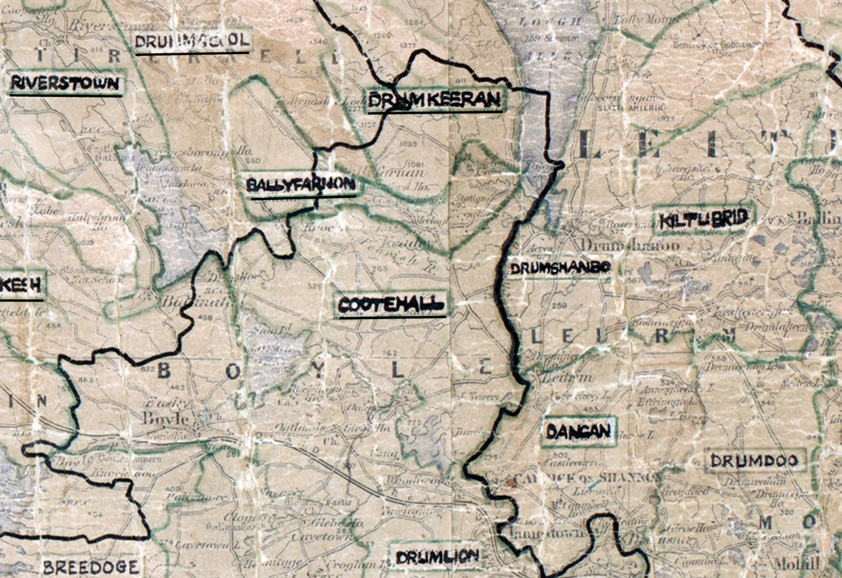 A scanned, worn historical map from the 1940s of the  rural electrification area around Cootehall. A hand‑drawn boundary outlines the region, including Riverstown, Drumacool, Drumkeeran, Ballyfornon, Kiltubrid, Drumlion and Breedoge.
