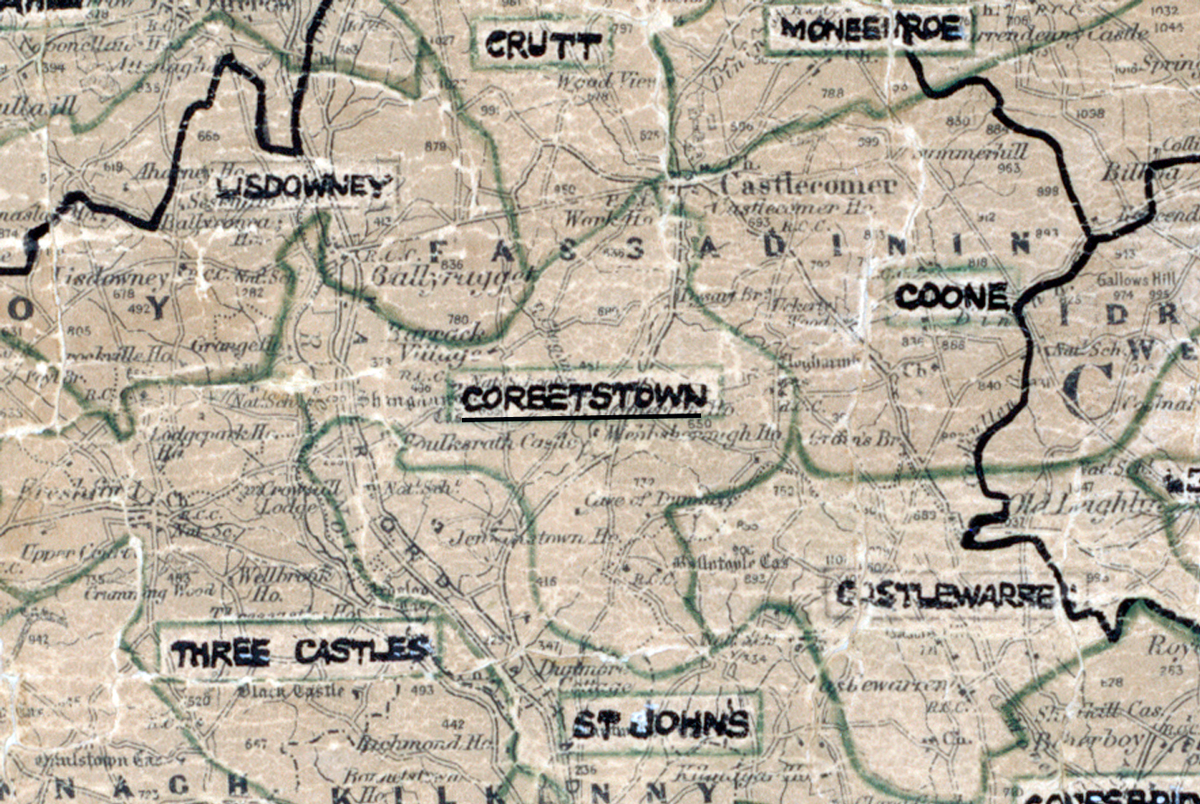 A scanned, worn historical map from the 1940s of the rural electrification area around Corbetstown. A hand‑drawn boundary outlines the region, including Coone and Three castles.