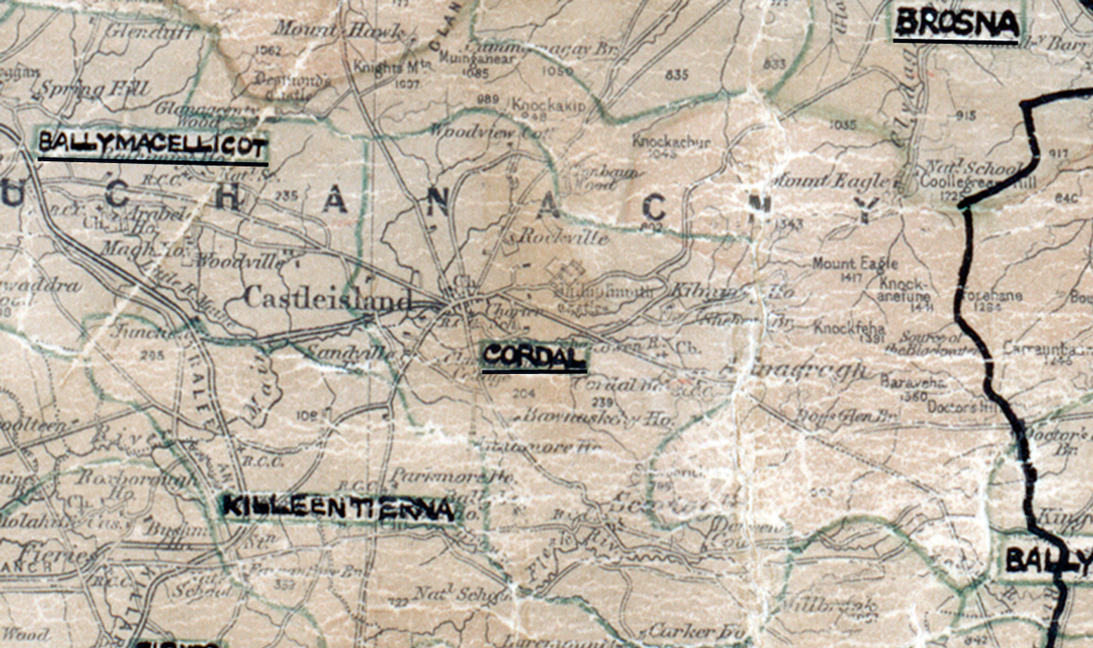 A scanned, worn historical map from the 1940s of the  rural electrification area around  Cordal. A hand‑drawn boundary outlines the region, including Ballymacelligot, Kileentierna and Brosna.