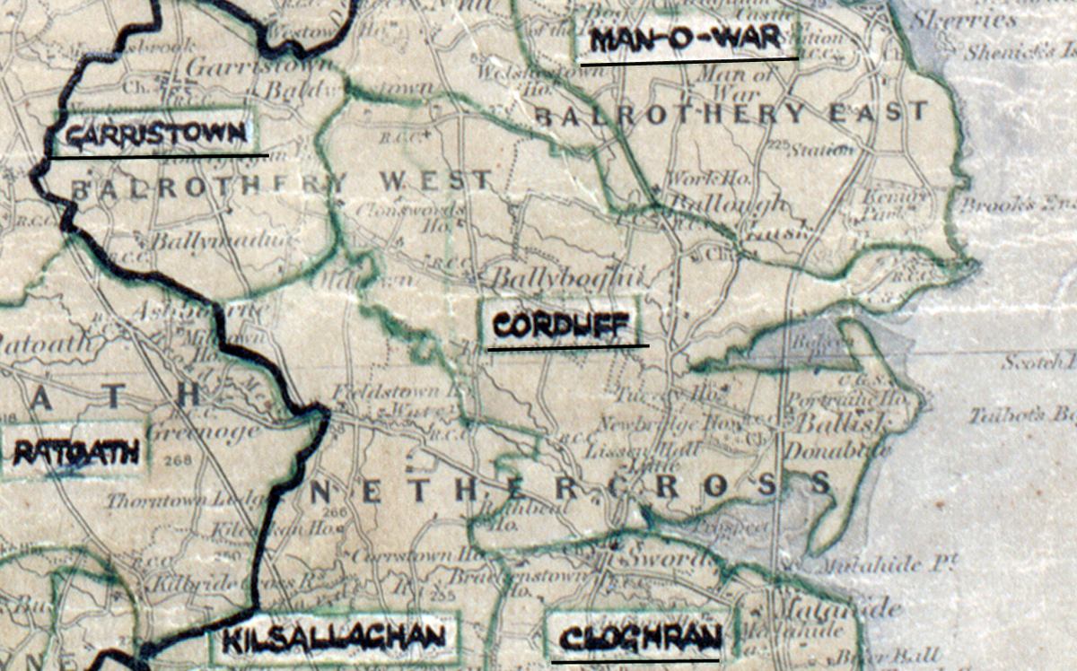 A scanned, worn historical map from the 1940s of the rural electrification area around Corduff. A hand‑drawn boundary outlines the region, including Kilsallaghan and Man-o-war.