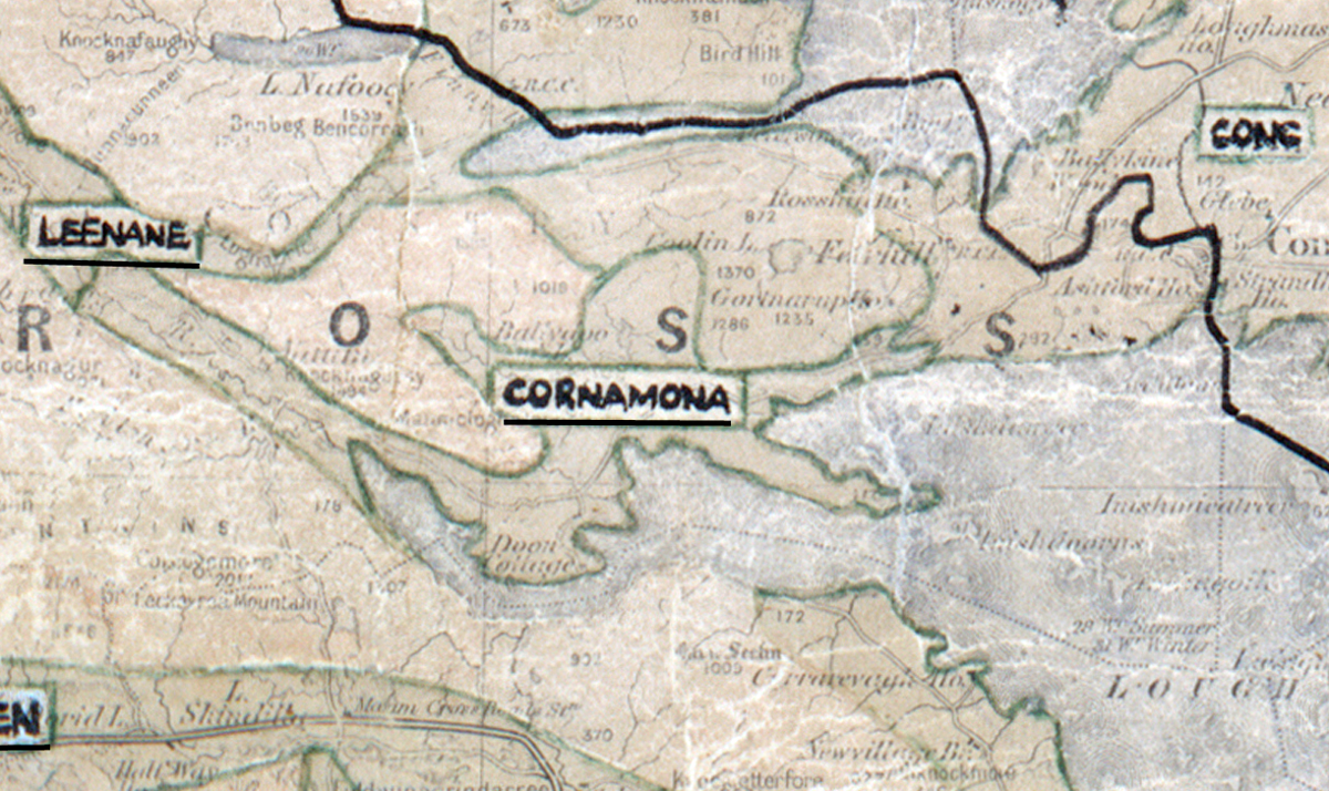 A scanned, worn historical map from the 1940s of the  rural electrification area around Cornamona.