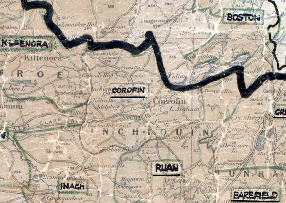 A scanned, worn historical map from the 1940s of the rural electrification area around  Corofin. A hand‑drawn boundary outlines the region, including Kilfenora, Inagh, Ruan, Barefield, Crusheen, and Boston.