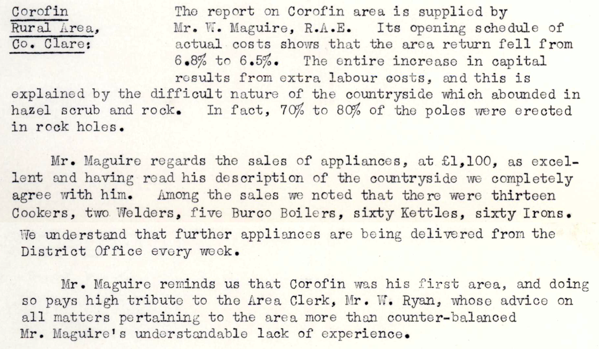 A scanned page from the ESB REO magazine about the Corofin Rural Area