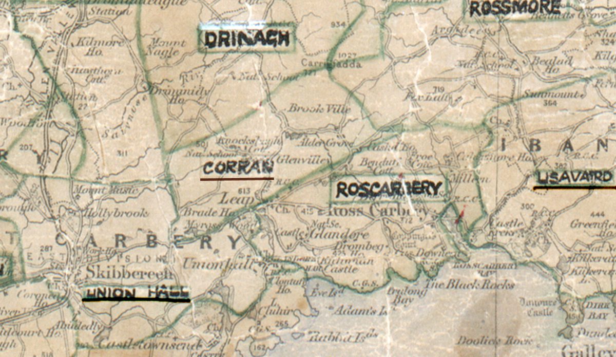 A scanned, worn historical map from the 1940s of the  rural electrification area around Corran. A hand‑drawn boundary outlines the region, including Drinagh, Rossmore, Rosscarbery, Lisavaird and Union Hall.