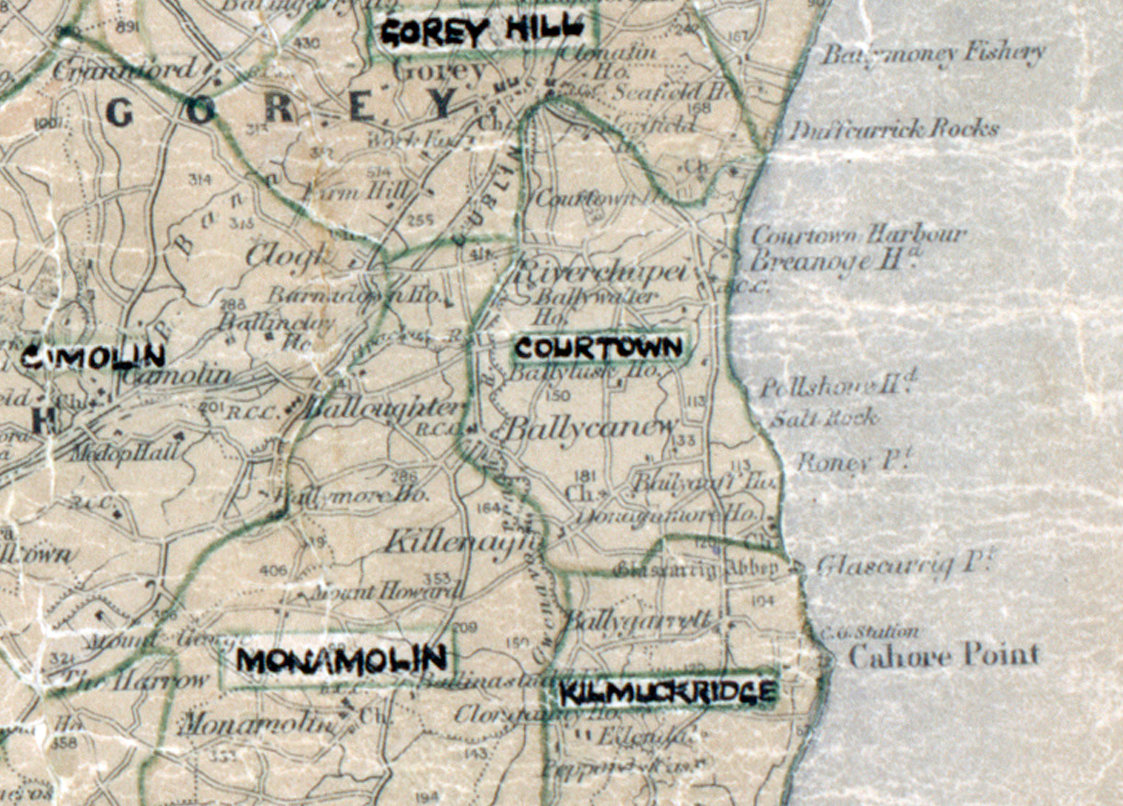 A scanned, worn historical map from the 1940s of the rural electrification area around Courtown. A hand‑drawn boundary outlines the region, including Monamolin and Kilmuckridge.