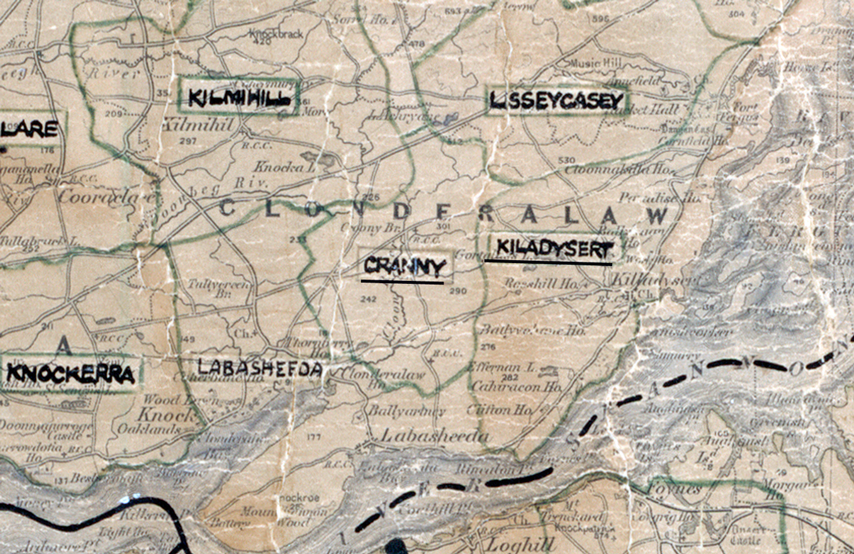 “A scanned, worn historical map from the 1940s of the rural electrification area around Cranny. A hand‑drawn boundary outlines the region, including Kiladysery and Lisseycasey.