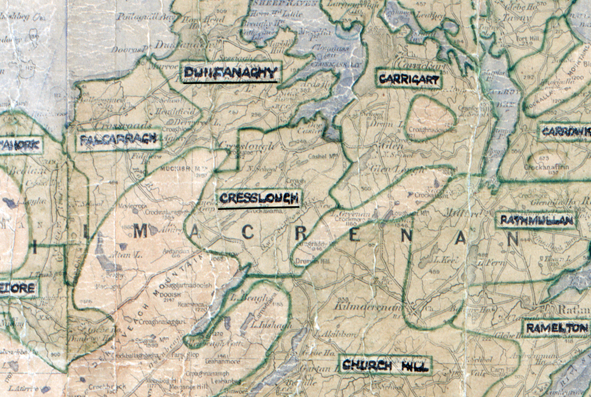 A scanned, worn historical map from the 1940s of the  rural electrification area around Creeslough.