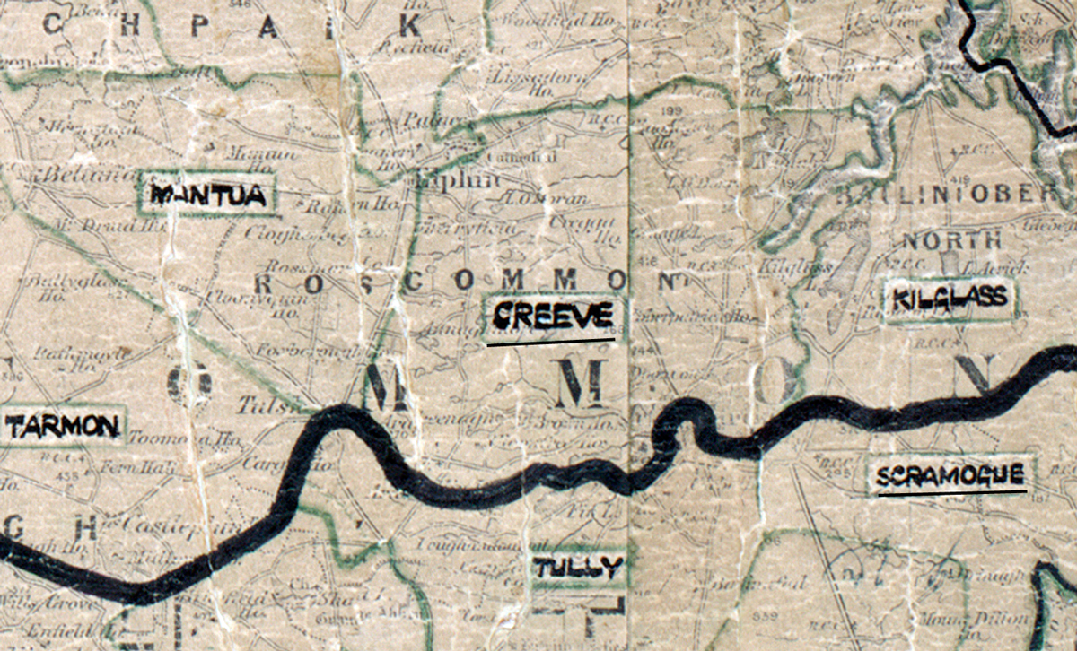 A scanned, worn historical map from the 1940s of the  rural electrification area around  Creeve. A hand‑drawn boundary outlines the region, including Mantua, Tarmon, Kilglass, Scramogue and Tully.