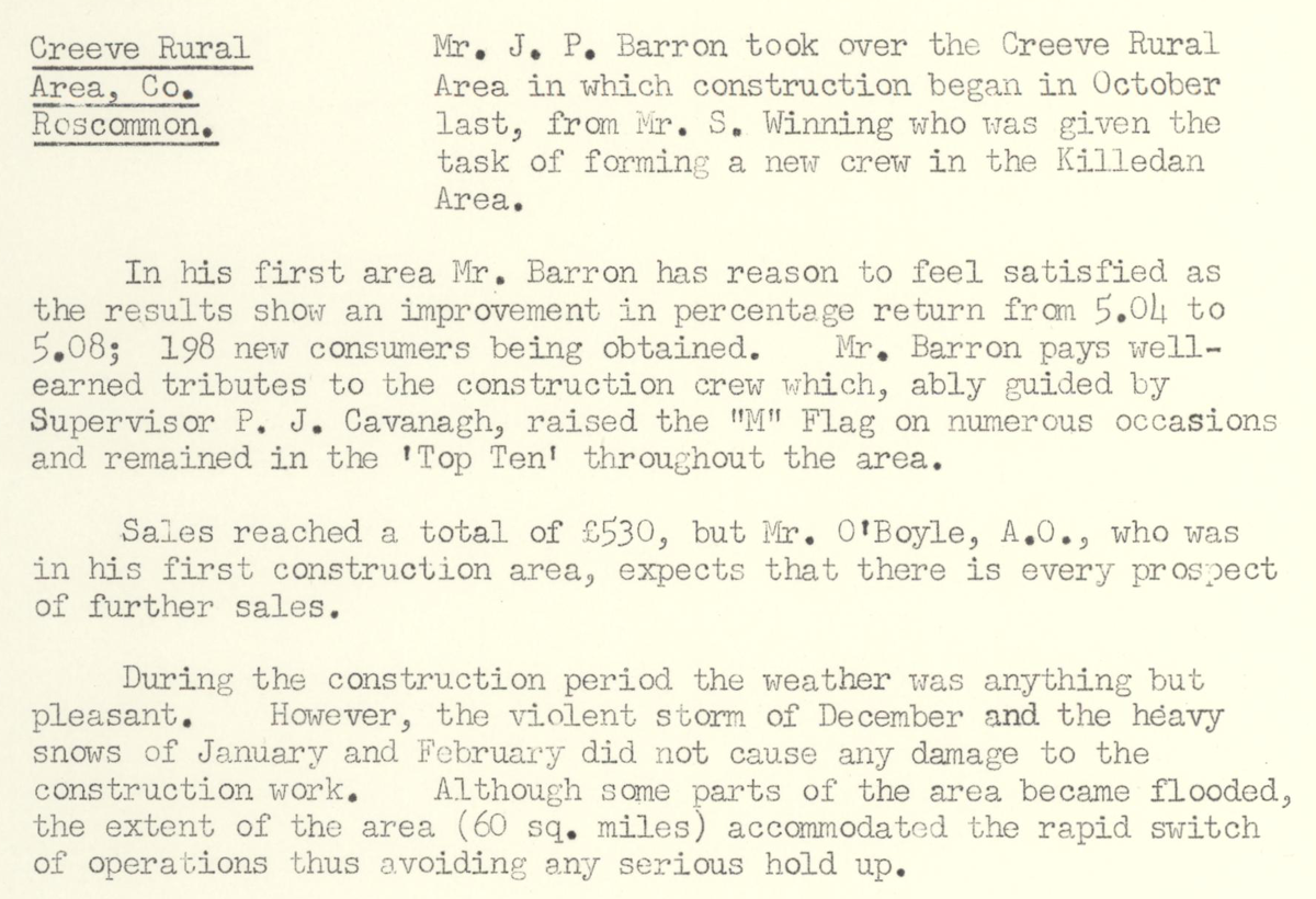 A scanned page from the ESB REO magazine about the Creeve Rural Area.